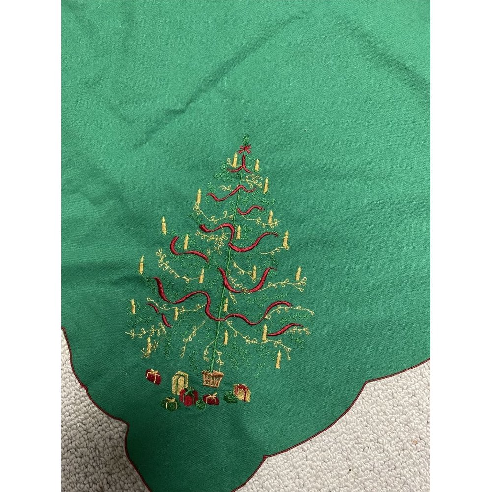 Long Green Embroidered Christmas Holiday Table Cloth 52" X 100" Trees In Corners